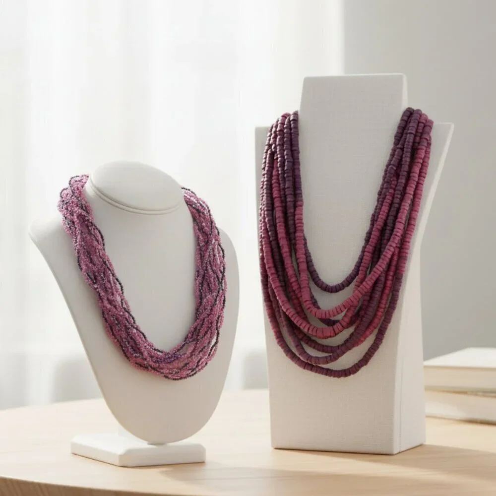 Pink & Purple Glass + Wood Beaded Necklace Set EUC